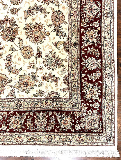 Pak Persian Rug 6x9, Floral Allover Carpet 6 x 9 ft, Cream and Maroon Hand Knotted Wool and Silk Fine Oriental Rug, Traditional Vintage Rug - Nuvé