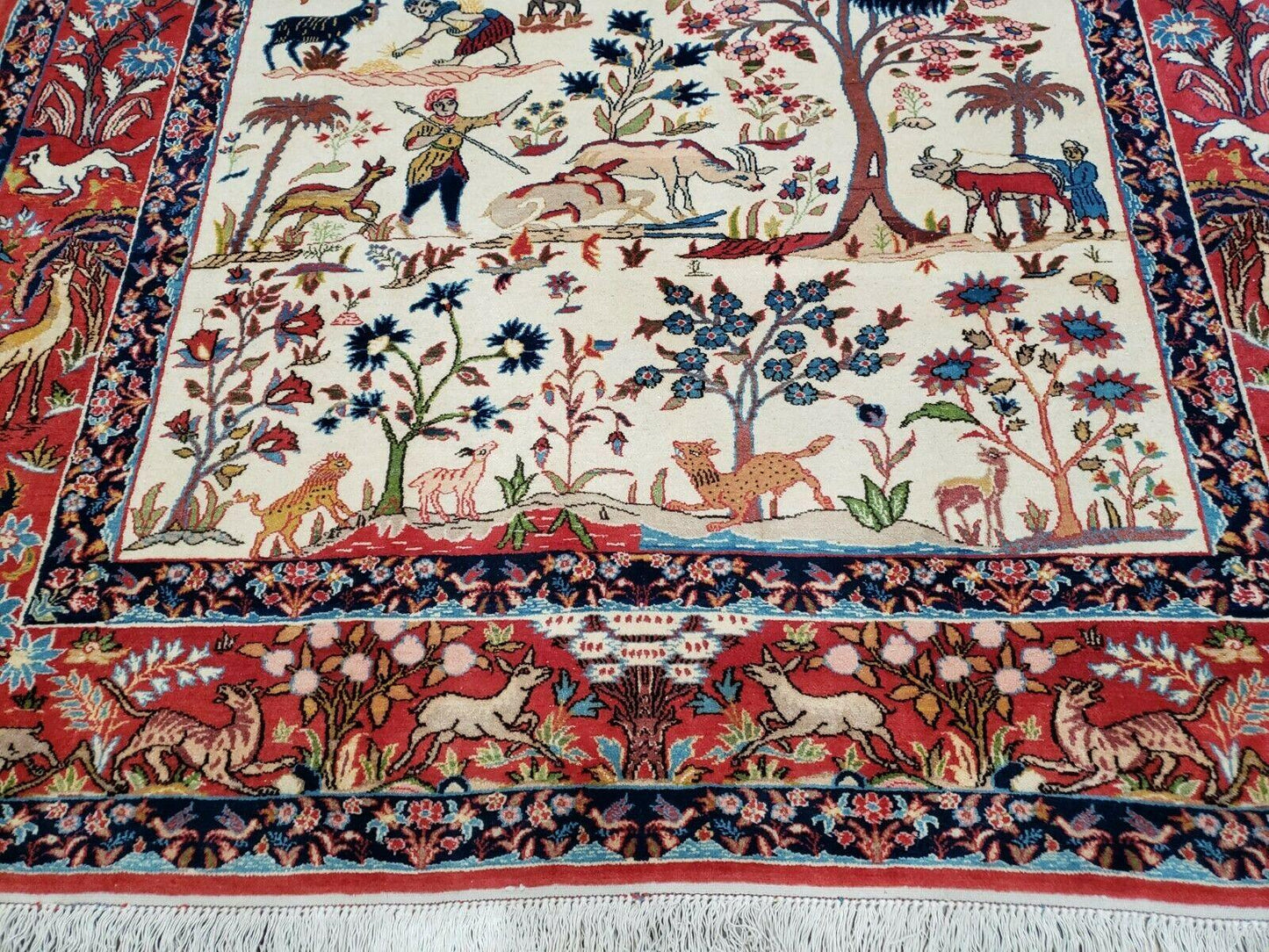 Antique Persian Isfahan Rug 5x7, Animal and Human Pictorials, Hand Knotted Fine Oriental Wool Carpet, Cream and Red, High KPSI, Vintage Rug 5 x 7 ft - Nuvé