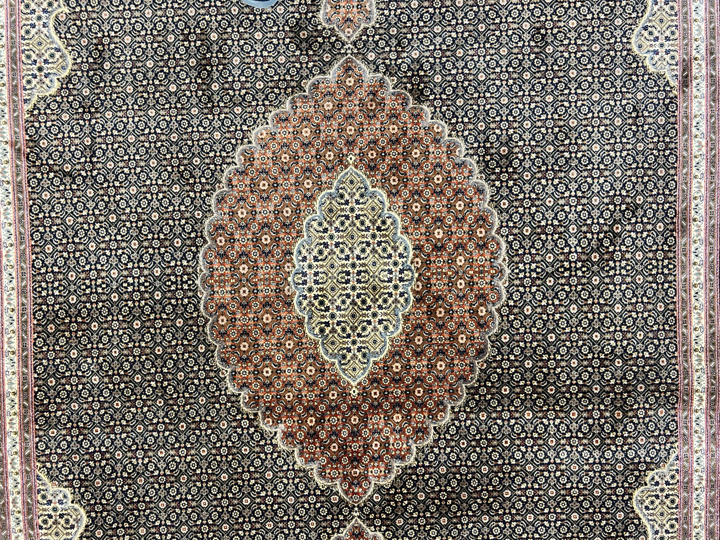 Persian Tabriz Rug 7x10, Very Fine 330 KPSI 50 Raj, Black and Beige, Handmade Wool Vintage Persian Carpet - Nuvé