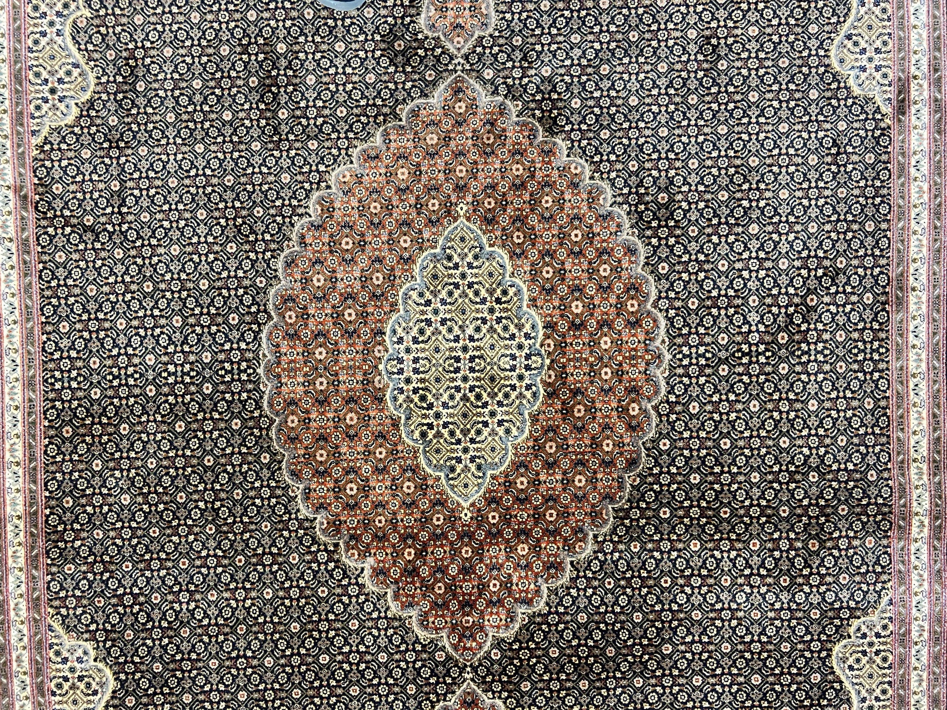 Persian Tabriz Rug 7x10, Very Fine 330 KPSI 50 Raj, Black and Beige, Handmade Wool Vintage Persian Carpet - Nuvé