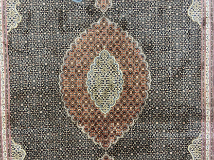 Persian Tabriz Rug 7x10, Very Fine 330 KPSI 50 Raj, Black and Beige, Handmade Wool Vintage Persian Carpet - Nuvé