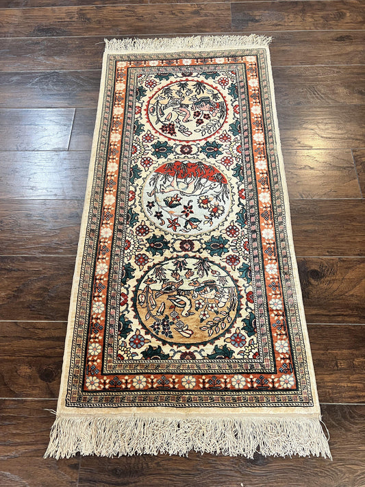 Silk Turkish Rug 2x4, Fine Handmade Oriental Rug, Animal Pictorial Birds Silk Pile on Silk Foundation Vintage Hand Knotted Hereke Carpet - Nuvé