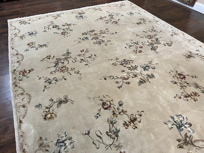 Chinese 120 Line Rug 8x10, Chinese Aubusson Wool & Silk Highlights Handmade Vintage Carpet, Beige Fine Weave Rug, Floral European Design - Nuvé