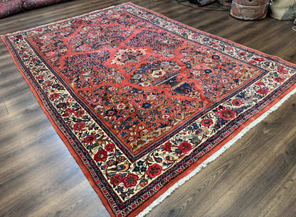 Persian Sarouk Rug 7x10, Red and Ivory, Floral Bouquets, Birds - Nuvé
