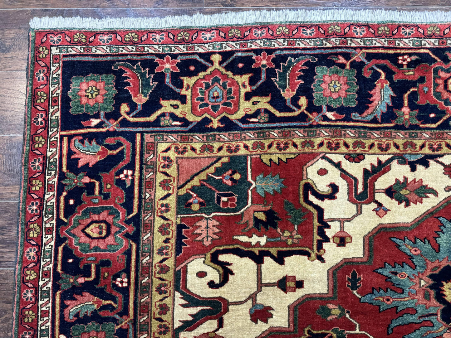 Persian Heriz Serapi Rug 8 x 10.6, Geometric Medallion, Great Colors, Rare, Red Navy Blue Ivory - Nuvé