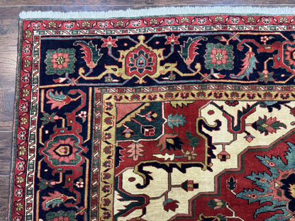 Persian Heriz Serapi Rug 8 x 10.6, Geometric Medallion, Great Colors, Rare, Red Navy Blue Ivory - Nuvé
