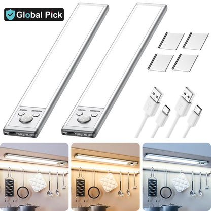 Under-cabinet LED light strips with USB charging cables on a white background
