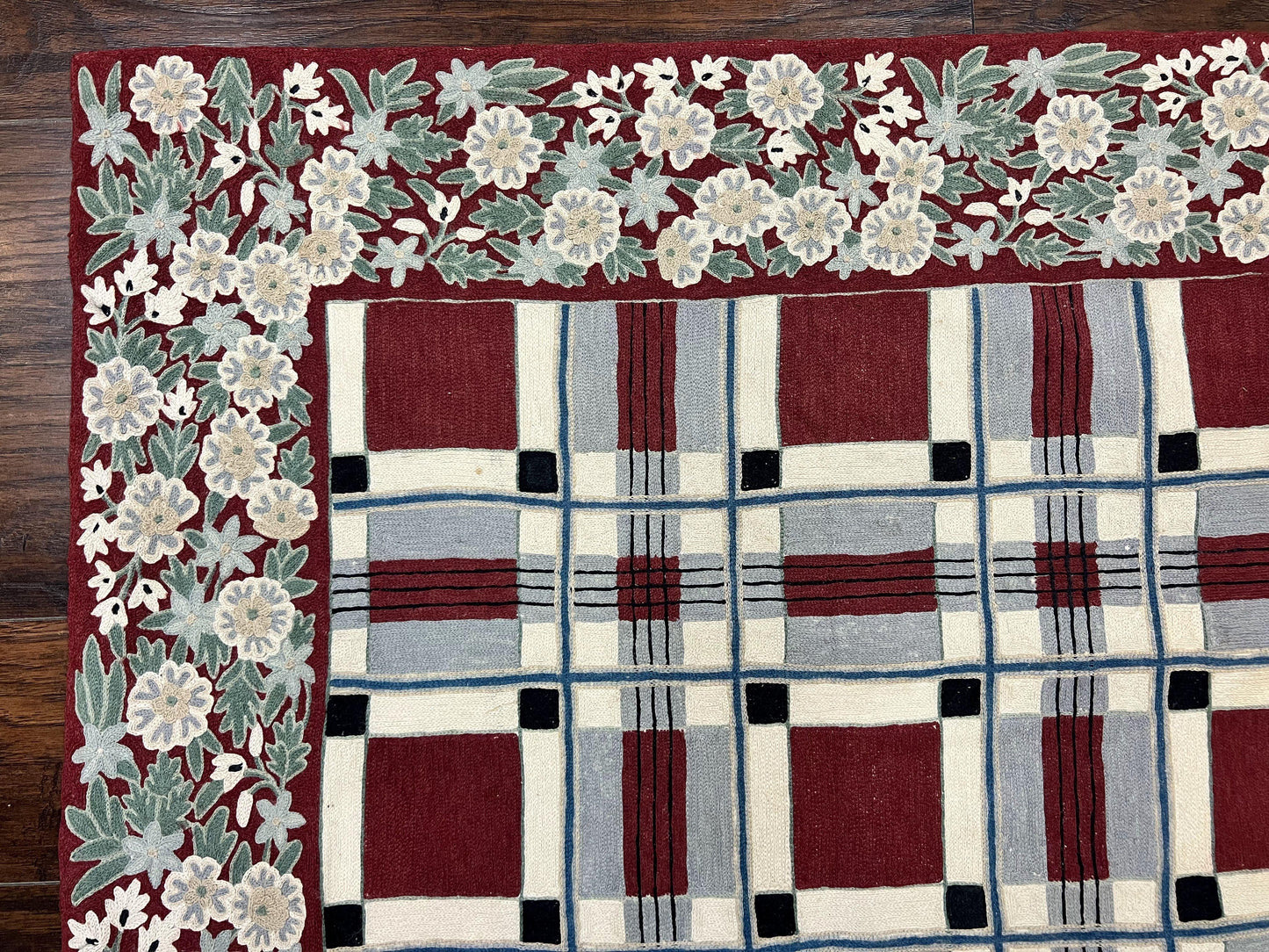Indian Hand Stitched Rug 4x6, Vintage Carpet, Checkerboard Floral Pattern, Maroon Ivory, Flatweave, Wool - Nuvé