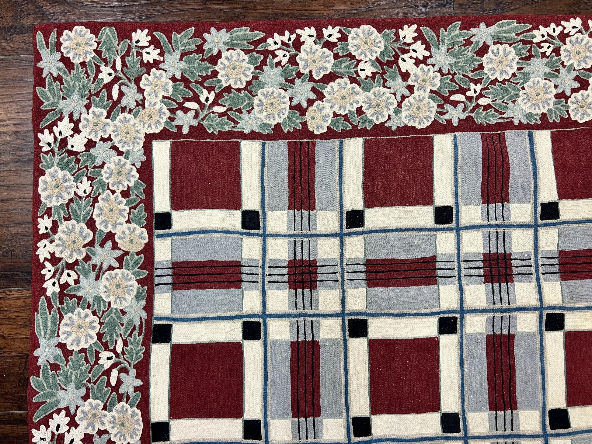 Indian Hand Stitched Rug 4x6, Vintage Carpet, Checkerboard Floral Pattern, Maroon Ivory, Flatweave, Wool - Nuvé