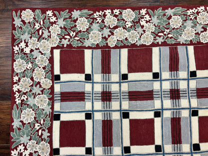 Indian Hand Stitched Rug 4x6, Vintage Carpet, Checkerboard Floral Pattern, Maroon Ivory, Flatweave, Wool - Nuvé