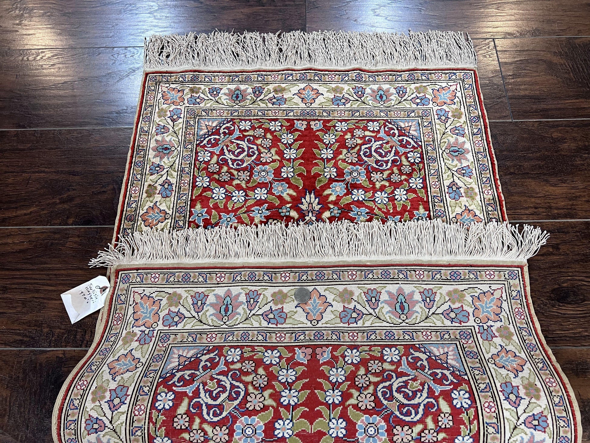 Silk Turkish Kayseri Rug 2x3, Small All Silk Turkish Carpet, Red and Light Blue, Very Fine Hand Knotted Semi Antique Vintage Handmade Rug - Nuvé