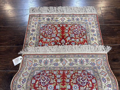 Silk Turkish Kayseri Rug 2x3, Small All Silk Turkish Carpet, Red and Light Blue, Very Fine Hand Knotted Semi Antique Vintage Handmade Rug - Nuvé
