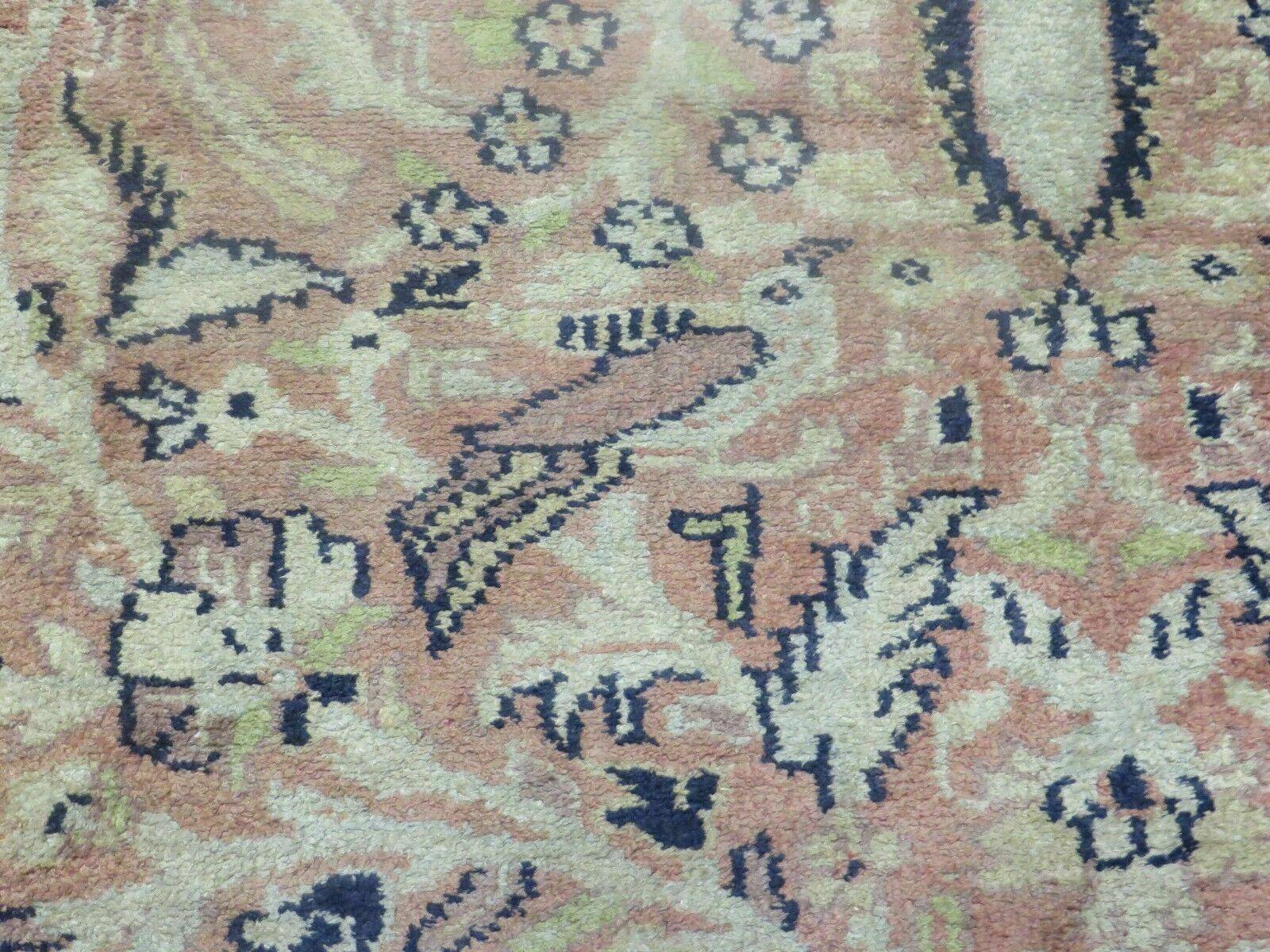 Indian Silk Rug 4x6, Indian Kashmiri Silk Carpet 4 x 6 ft, Vintage Hand Knotted Floral Bird Motifs, Light Pink and Navy Blue, Silk on Cotton - Nuvé