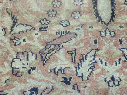 Indian Silk Rug 4x6, Indian Kashmiri Silk Carpet 4 x 6 ft, Vintage Hand Knotted Floral Bird Motifs, Light Pink and Navy Blue, Silk on Cotton - Nuvé