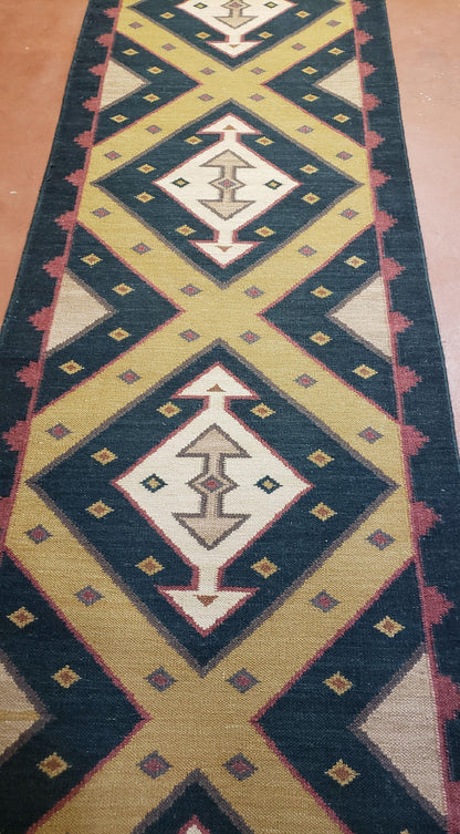 Vintage Indian Kilim Runner Rug, Geometric Flatweave Hand-Knotted Wool Kitchen Hallway Runner, Black Gold & Beige, 2' 8" x 9' 9" - Nuvé