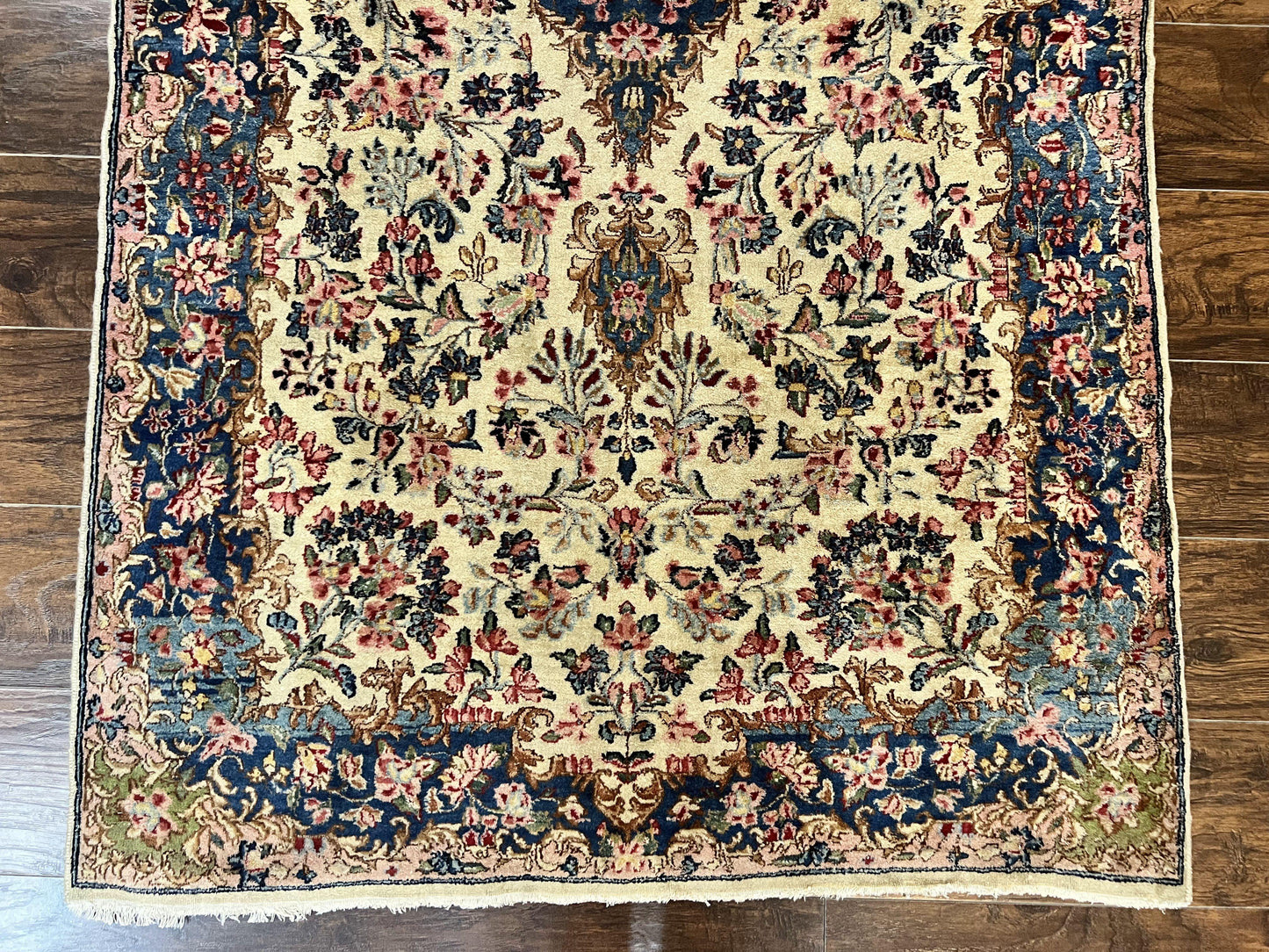 Antique Persian Kirman Rug 4x7, Cream and Navy Blue, Hand Knotted Wool Floral Carpet - Nuvé