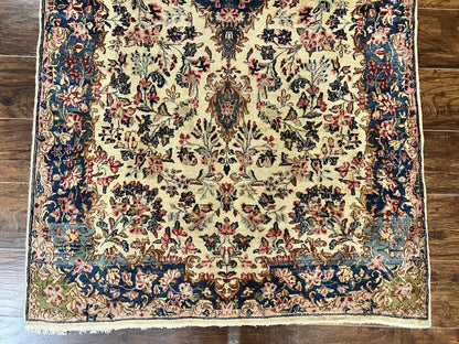 Antique Persian Kirman Rug 4x7, Cream and Navy Blue, Hand Knotted Wool Floral Carpet - Nuvé