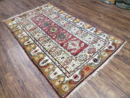Turkish Caucasian Rug 4x7, Vintage Hand-Knotted Wool Turkish Talish Carpet 4 x 7, Cream, Burnt Orange Carmine Red Area Rug, Bohemian Rug - Nuvé