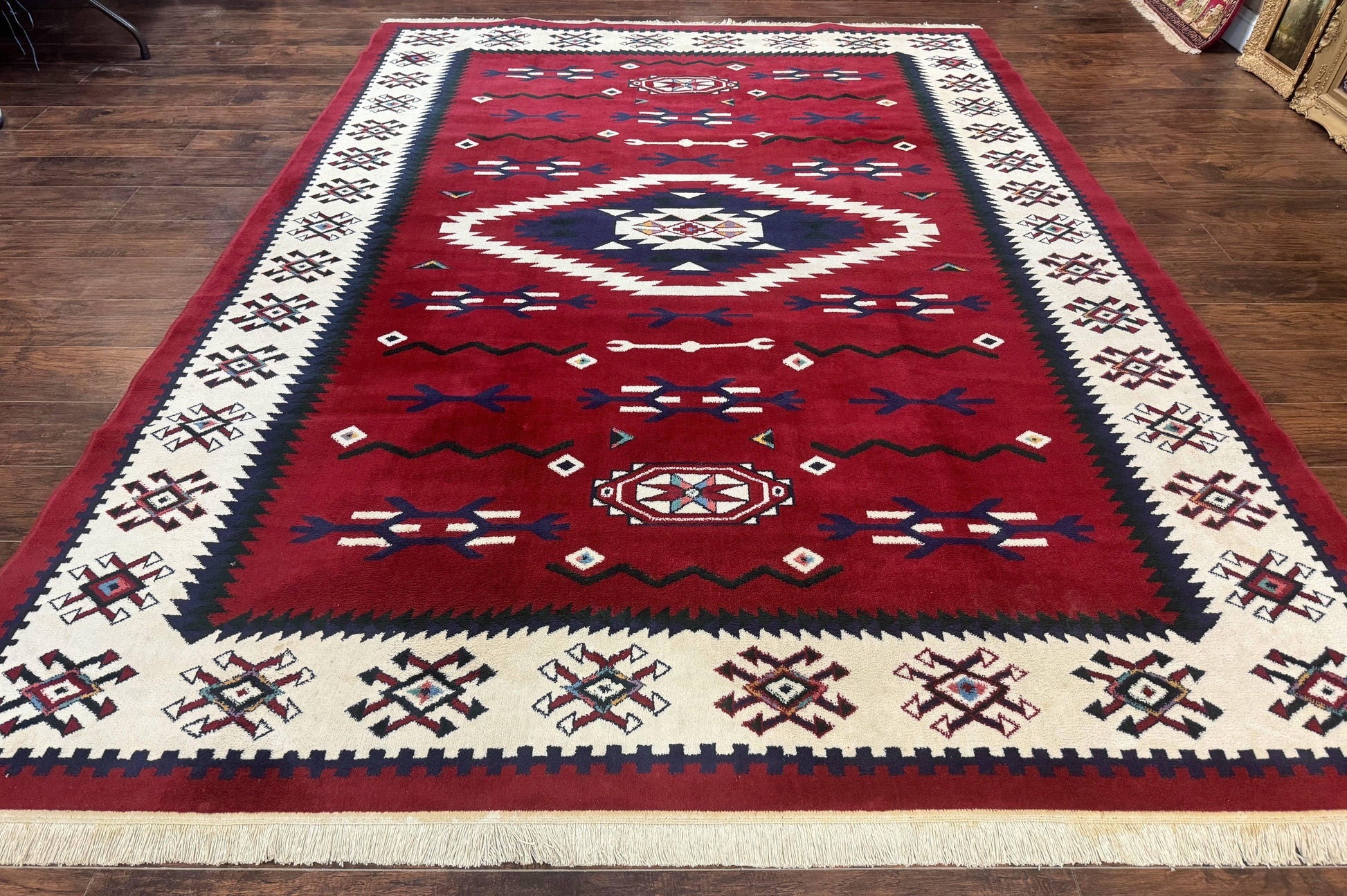 Belgium Power Loomed Rug 8x11, Navajo Native American Design, Dark Red and Ivory, Tribal Rug, Bohemian Carpet - Nuvé