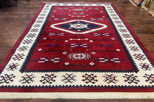 Belgium Power Loomed Rug 8x11, Navajo Native American Design, Dark Red and Ivory, Tribal Rug, Bohemian Carpet - Nuvé
