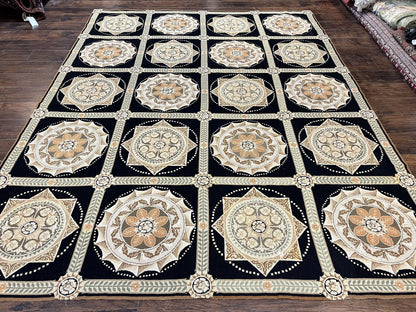 Needlepoint Rug 8x10, Black Tan Beige, Panel Design, Wool Handwoven Handmade Flatweave Needlepoint Carpet, Vintage French European Rug - Nuvé