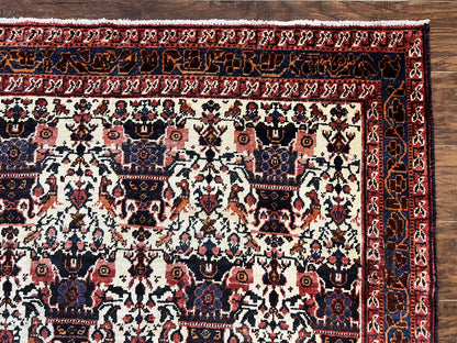 Persian Afshar Rug 6x8, Wool Hand Knotted Semi Antique Vintage Carpet, Floral Allover, Repeated Birds Flowers Vases Motifs - Nuvé