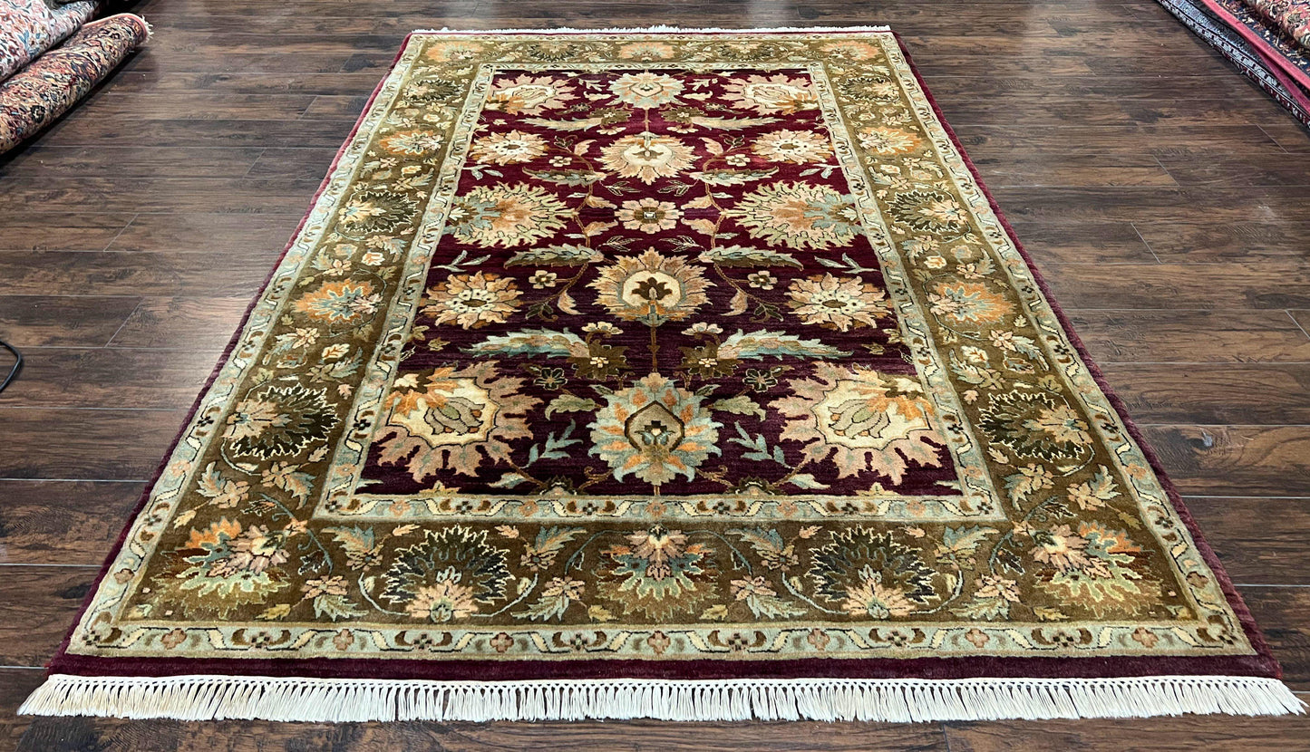 Indo Mahal Rug 6x9, Large Flowers Allover, Maroon and Green, Handmade Wool Area Rug, Vintage Rug, Indian Oriental Carpet, Hand Knotted Rug - Nuvé