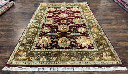 Indo Mahal Rug 6x9, Large Flowers Allover, Maroon and Green, Handmade Wool Area Rug, Vintage Rug, Indian Oriental Carpet, Hand Knotted Rug - Nuvé