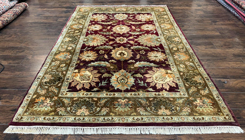 Indo Mahal Rug 6x9, Large Flowers Allover, Maroon and Green, Handmade Wool Area Rug, Vintage Rug, Indian Oriental Carpet, Hand Knotted Rug - Nuvé