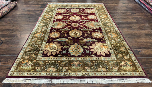 Indo Mahal Rug 6x9, Large Flowers Allover, Maroon and Green, Handmade Wool Area Rug, Vintage Rug, Indian Oriental Carpet, Hand Knotted Rug - Nuvé