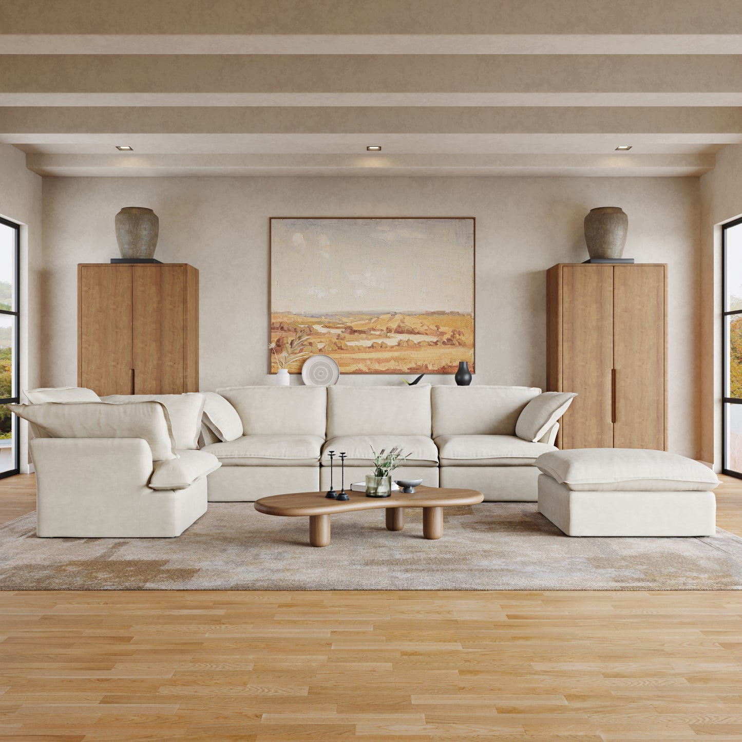 Sabi Modular Boucle Cloud Sofa - Beige - 4-Seater Sectional Sofa with Ottoman - Nuvé