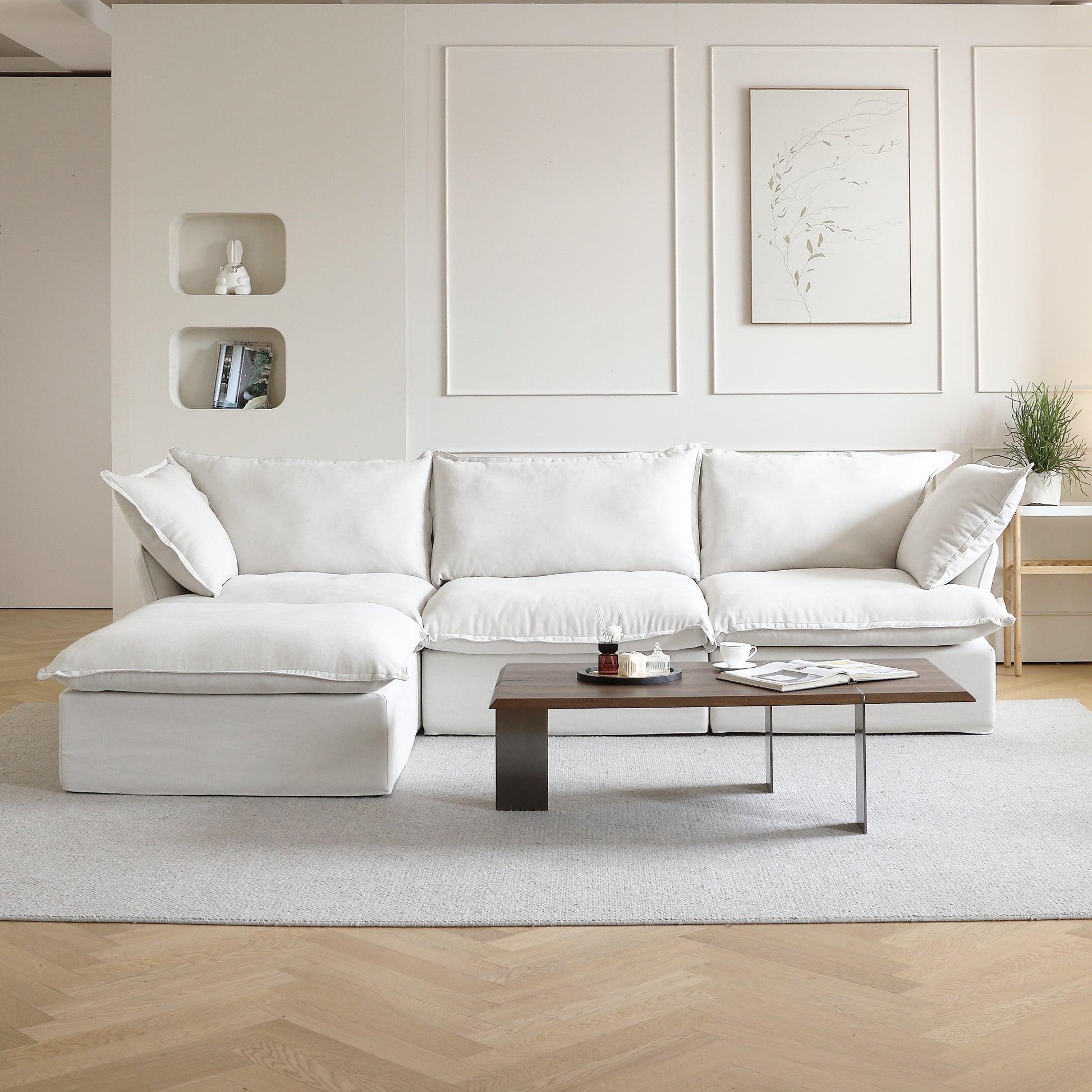 Sabi Modular Boucle Cloud Sofa - Snow White - 3-Seater Sectional Sofa with Ottoman - Nuvé