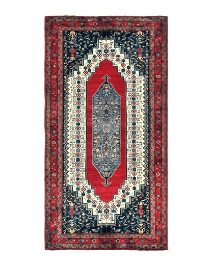 Persian Rug 5x12 ft, Red Cream Navy Blue, Pictorials, Hand Knotted Handmade Wide Runner Tribal Bidjar Semi Antique Wool Geometric Oriental Rug