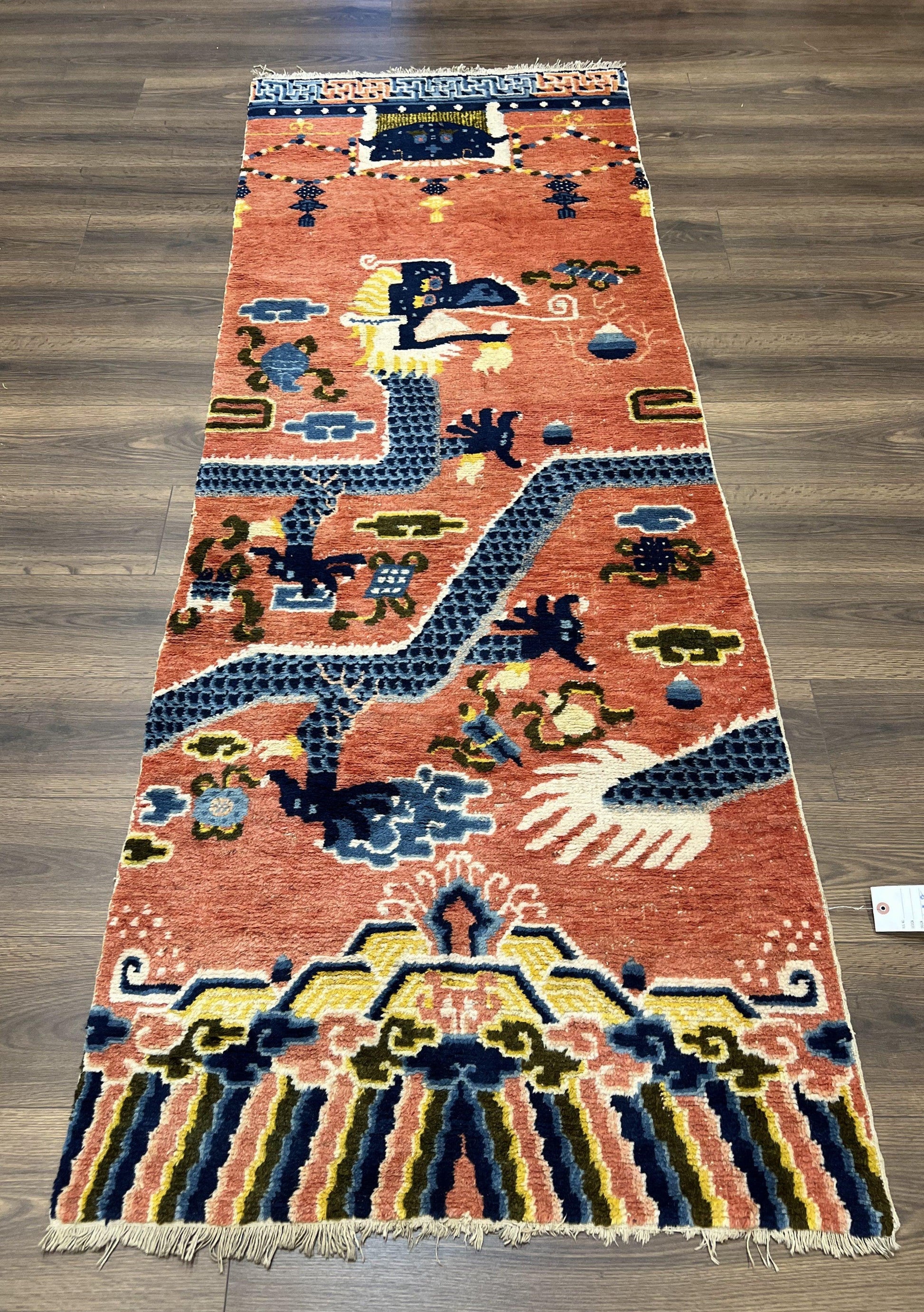 Rare Chinese Ningxia Pillar Rug 3x8, Late Qing Dynasty, 5 Clawed Dragon, Cloud Rainbow Border, Collectible Antique Carpet, Wool Hand Knotted - Nuvé