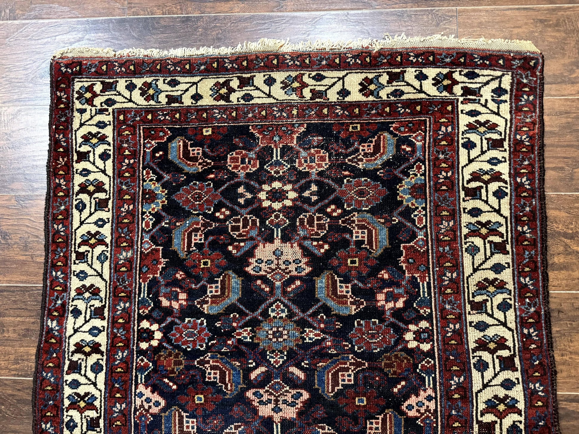 Navy Blue Antique Persian Rug 3x6, Blue and Ivory Persian Carpet, Handmade 1920s Hamadan Rug - Nuvé