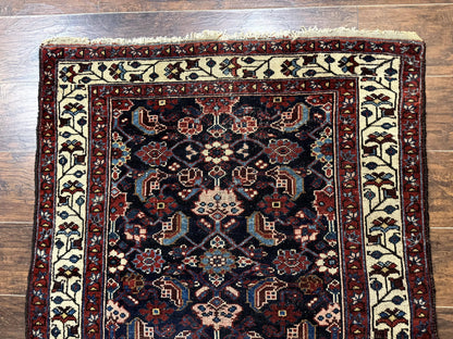 Navy Blue Antique Persian Rug 3x6, Blue and Ivory Persian Carpet, Handmade 1920s Hamadan Rug - Nuvé