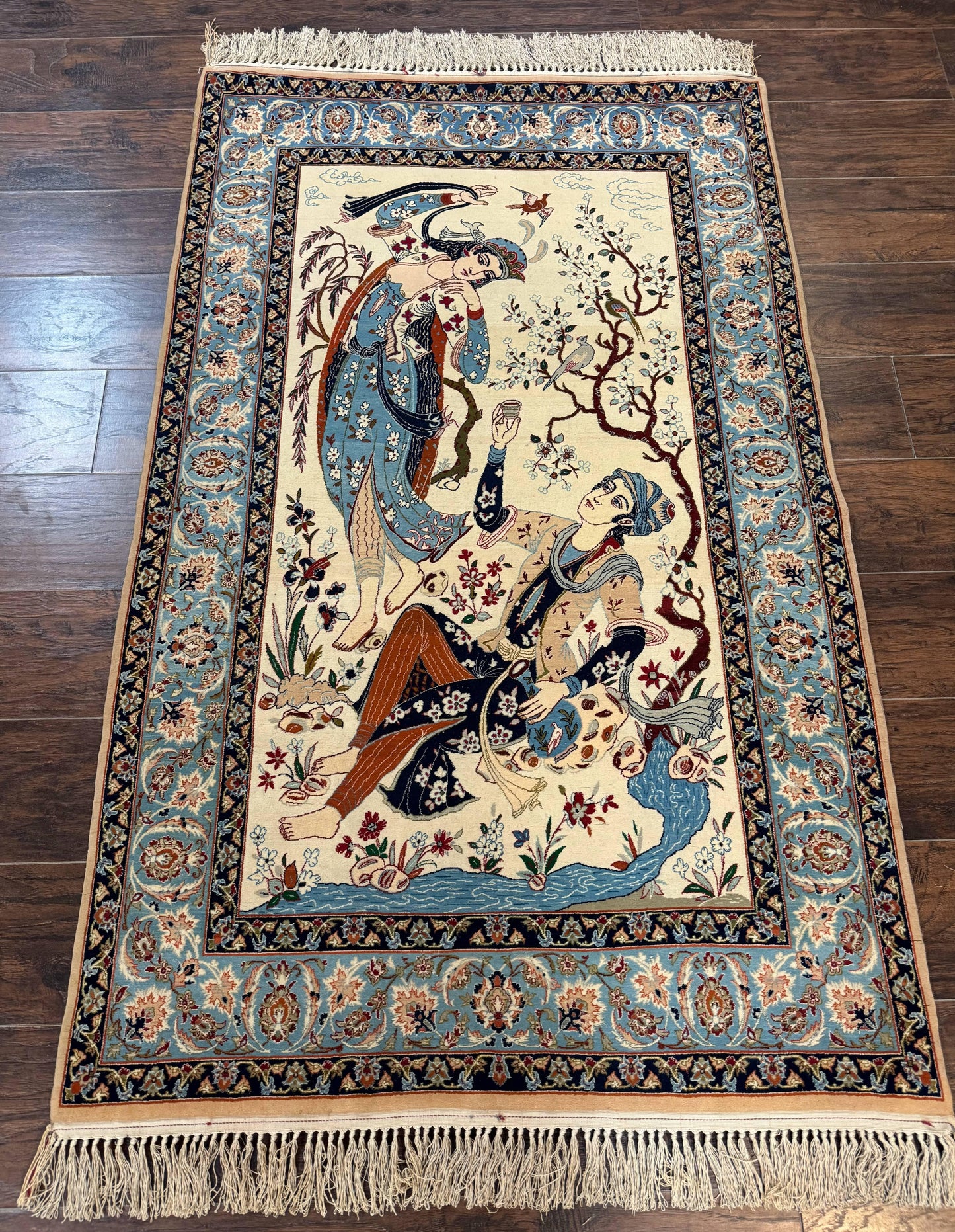 Persian Isfahan Pictorial Rug, Two Lovers, Kork Wool on Silk Foundation, Ivory and Light Blue, 500 KPSI Super Fine - Nuvé