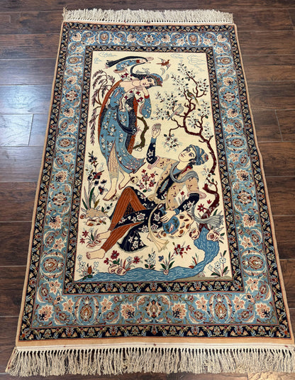 Persian Isfahan Pictorial Rug, Two Lovers, Kork Wool on Silk Foundation, Ivory and Light Blue, 500 KPSI Super Fine - Nuvé