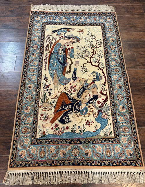 Persian Isfahan Pictorial Rug, Two Lovers, Kork Wool on Silk Foundation, Ivory and Light Blue, 500 KPSI Super Fine - Nuvé