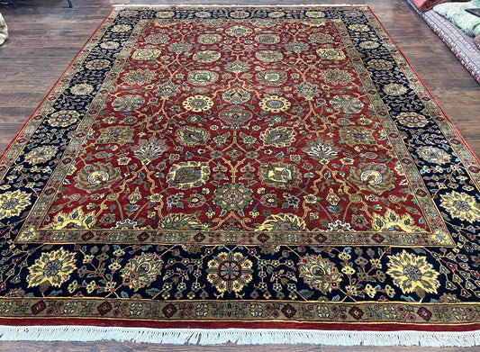 Indo Persian Rug 9x12, Hand Knotted Traditional Indian Wool Oriental Carpet 9 x 12 ft, Maroon and Navy Blue, Floral Allover 9x12 Vintage Rug - Nuvé