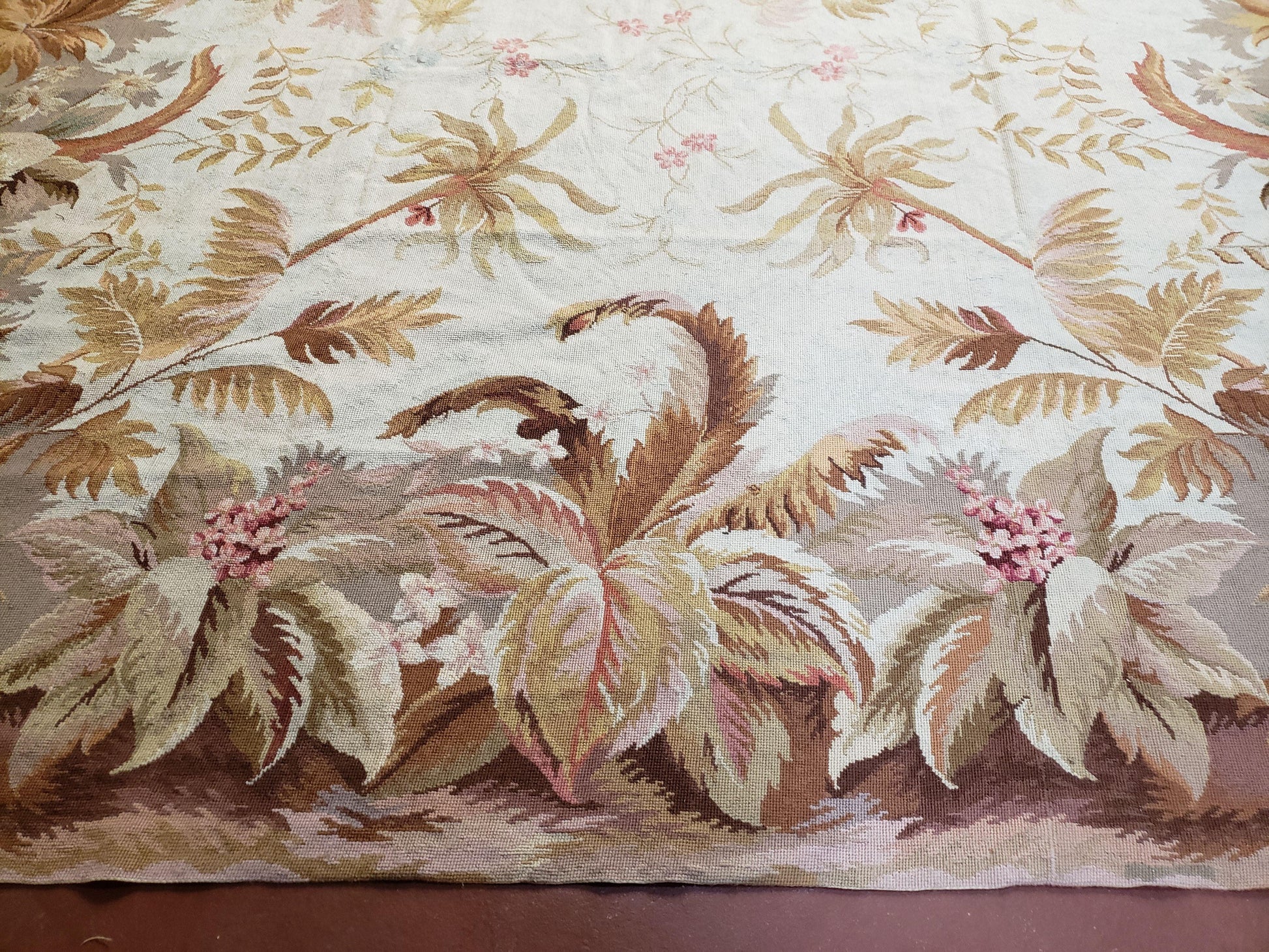 7' 7" x 9' 8" Needlepoint Rug Floral Beige Flat Weave Carpet 8x10 Handmade New Area Rug - Nuvé