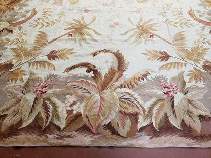 7' 7" x 9' 8" Needlepoint Rug Floral Beige Flat Weave Carpet 8x10 Handmade New Area Rug