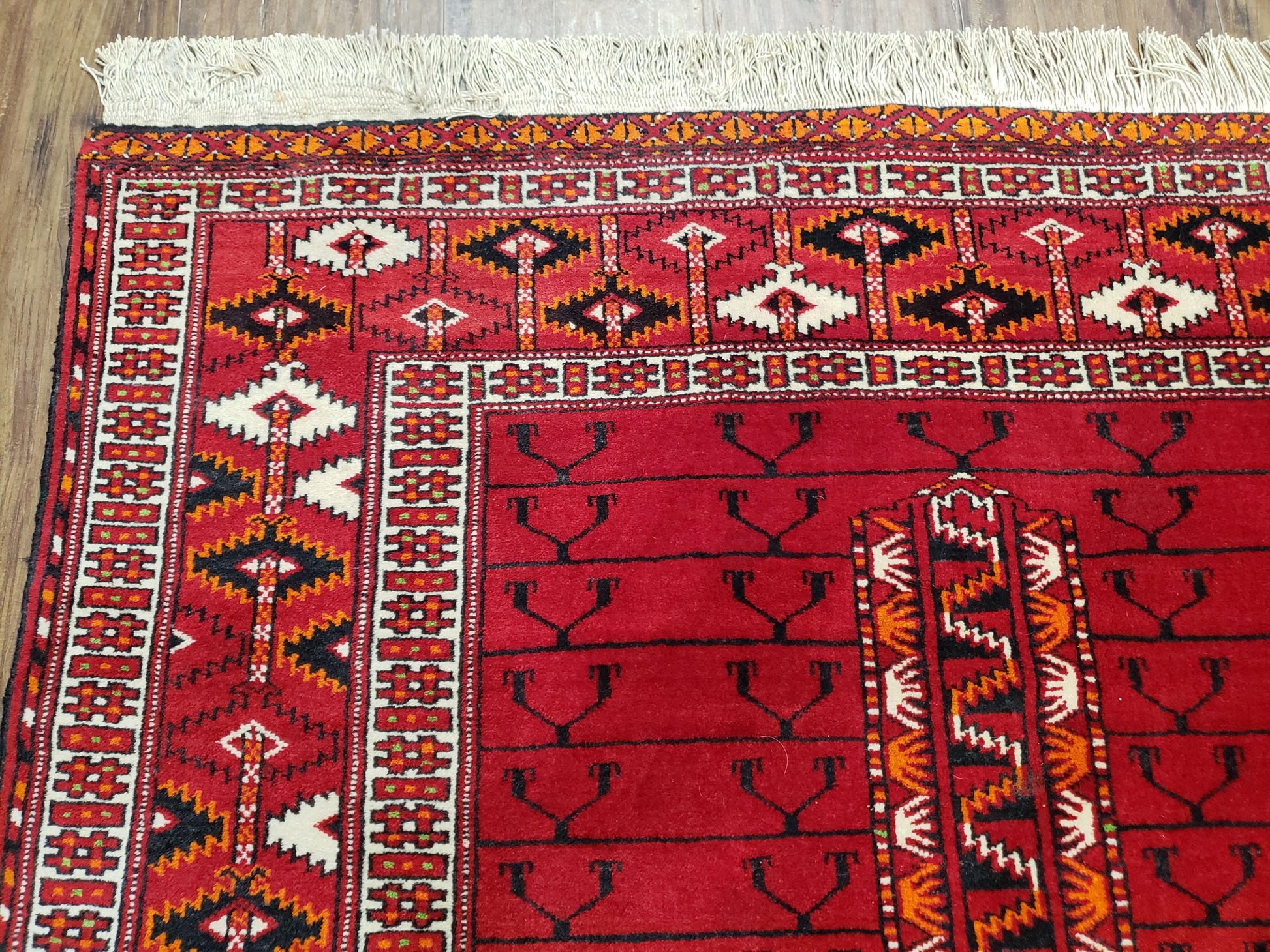 Antique Persian Turkoman Rug 4x5, Hatchli Tekkeh Ersari Red Tribal Rug, Handmade Wool Oriental Carpet, Four Seasons Rug - Nuvé