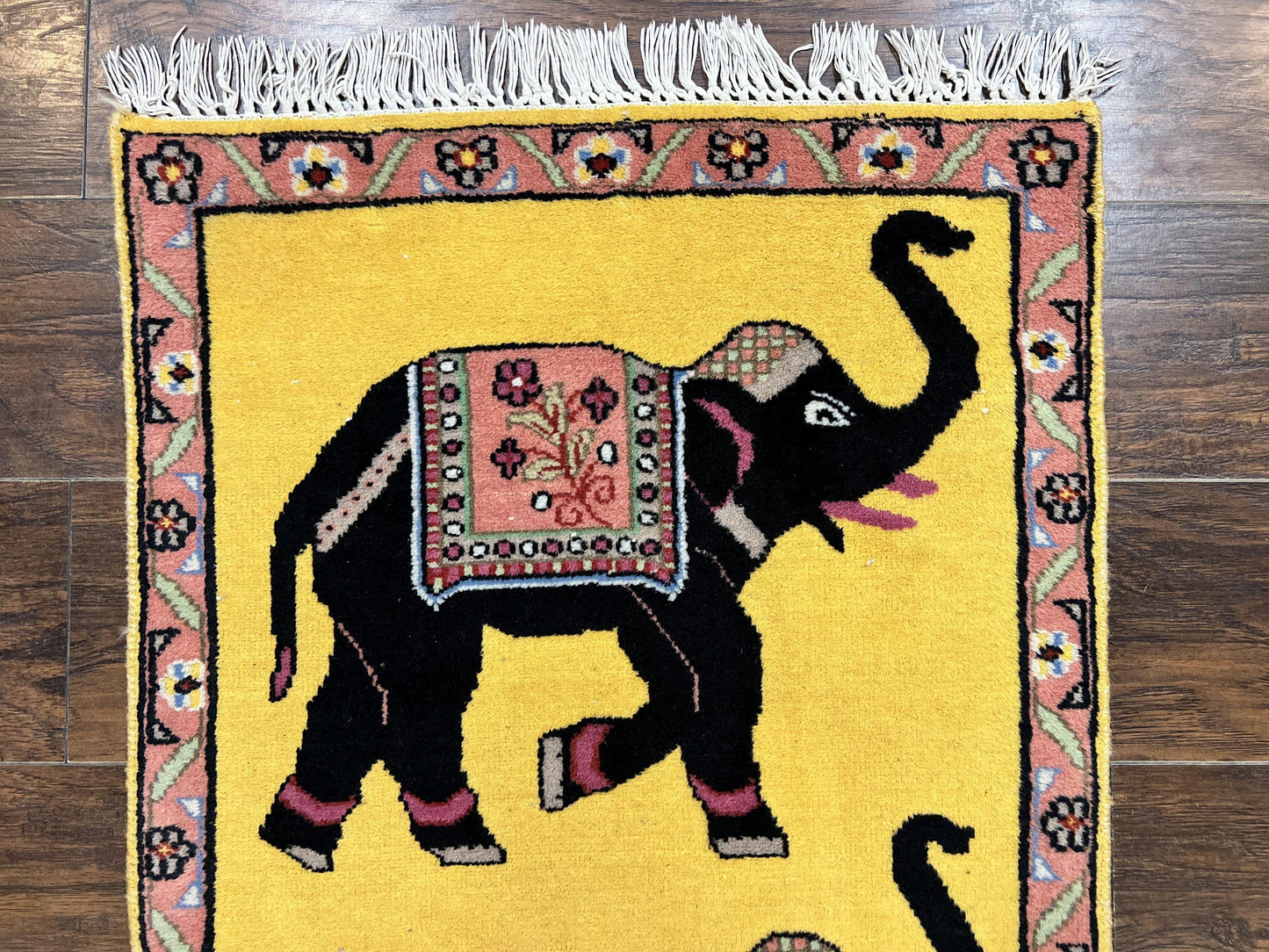 Unique Indian Pictorial Rug 2x3, Small Wool Hand Knotted Oriental Carpet, Yellow, Two Elephants, Handmade - Nuvé