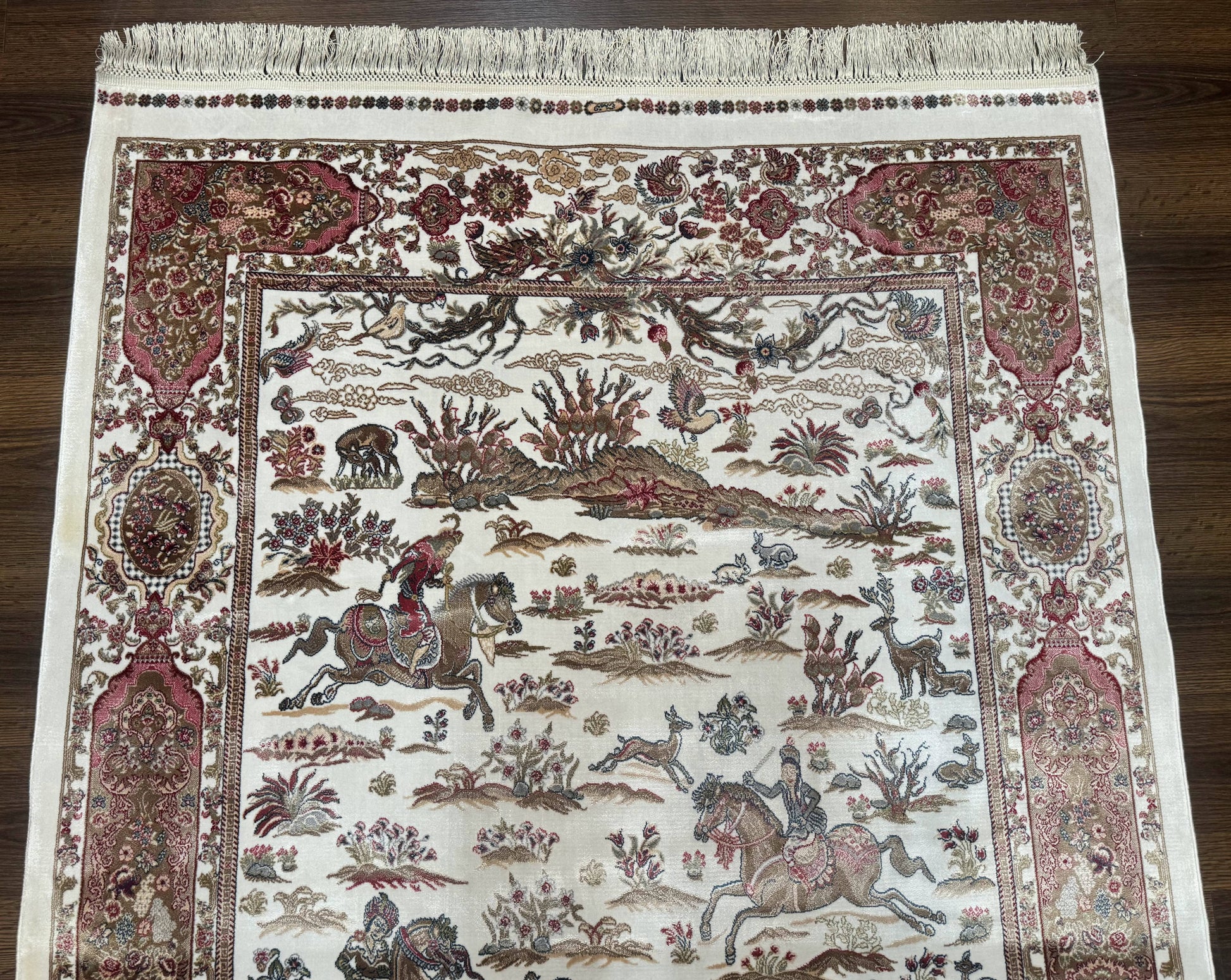 Turkish Silk Hunting Scene Rug 4x6, Ivory, Bamboo Silk, New - Nuvé