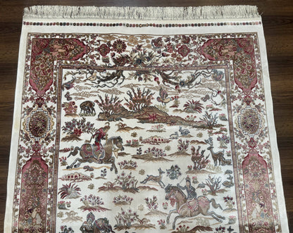 Turkish Silk Hunting Scene Rug 4x6, Ivory, Bamboo Silk, New - Nuvé