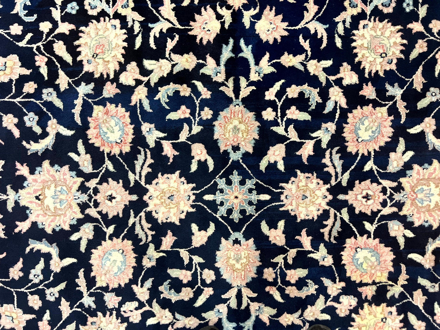 Indo Persian Rug 9x12, Navy Blue and Ivory/Cream, Floral Allover, Wool Vintage Handmade Carpet - Nuvé