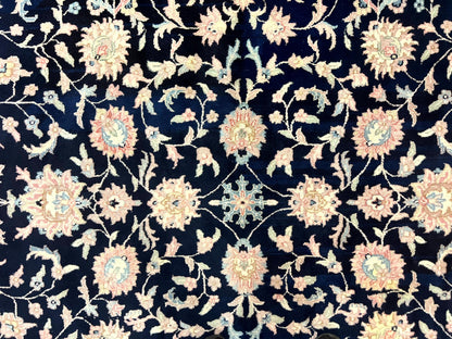 Indo Persian Rug 9x12, Navy Blue and Ivory/Cream, Floral Allover, Wool Vintage Handmade Carpet - Nuvé