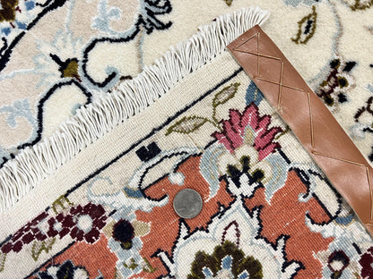 Persian Tabriz Rug 4.5  x 6.8, Finely Hand Knotted Wool with Silk Highlights Vintage Oriental Carpet, Cream and Salmon, High KPSI, Floral Medallion - Nuvé