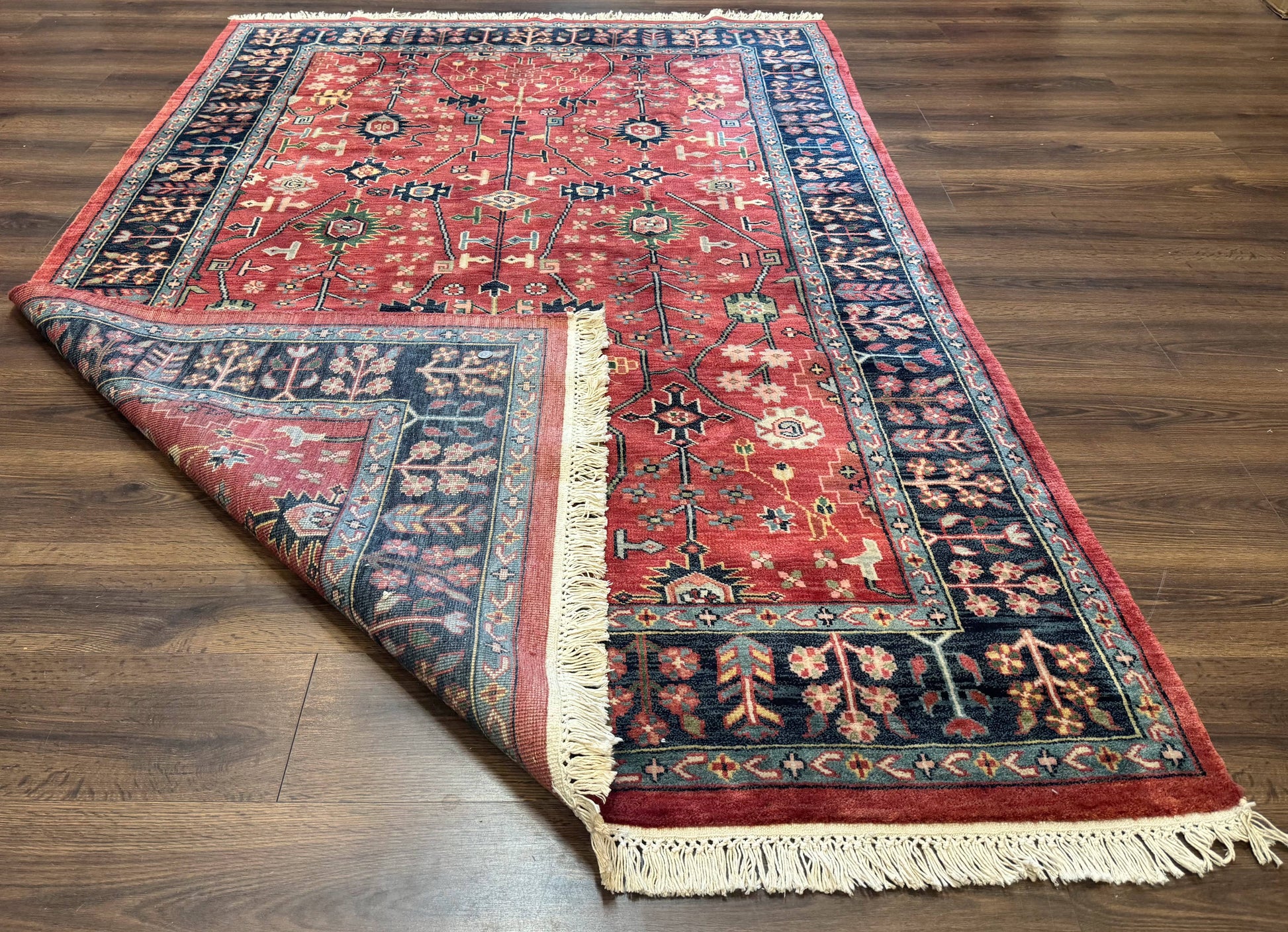Indo Persian Heriz Serapi Rug 6x8, Rust Red and Navy Blue, Allover Pattern - Nuvé